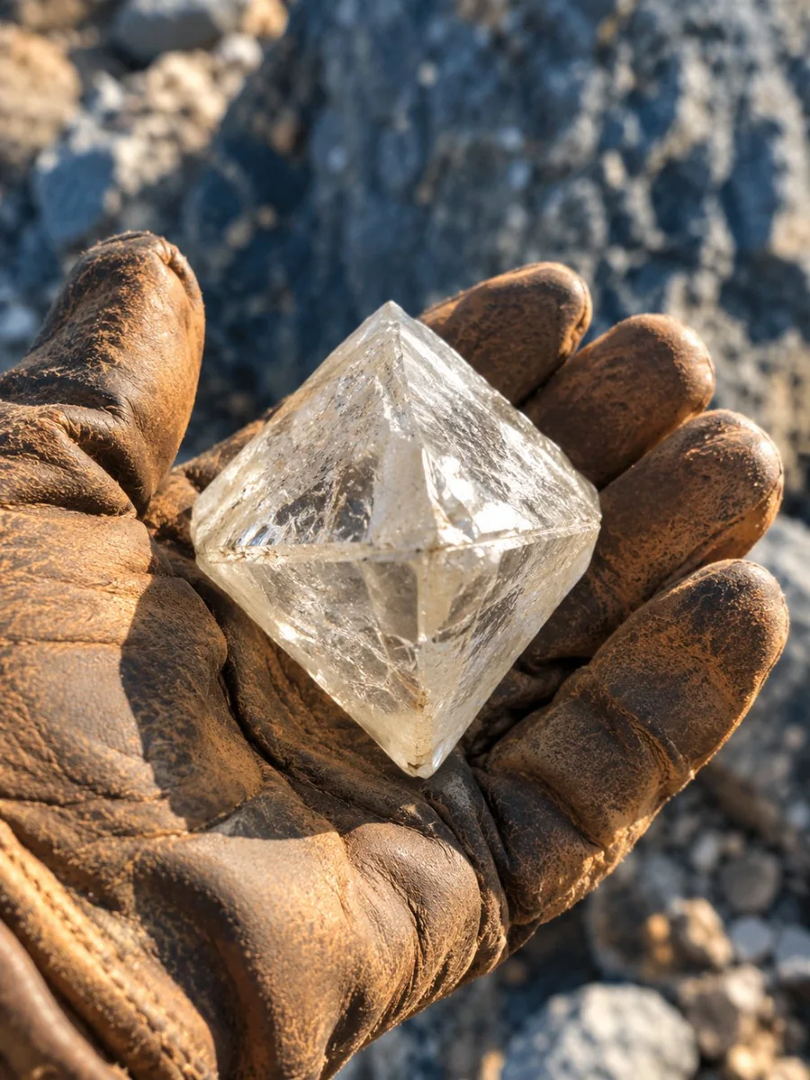 Ein großer Rohdiamant-Kristall auf einer behandschuhten Handfläche