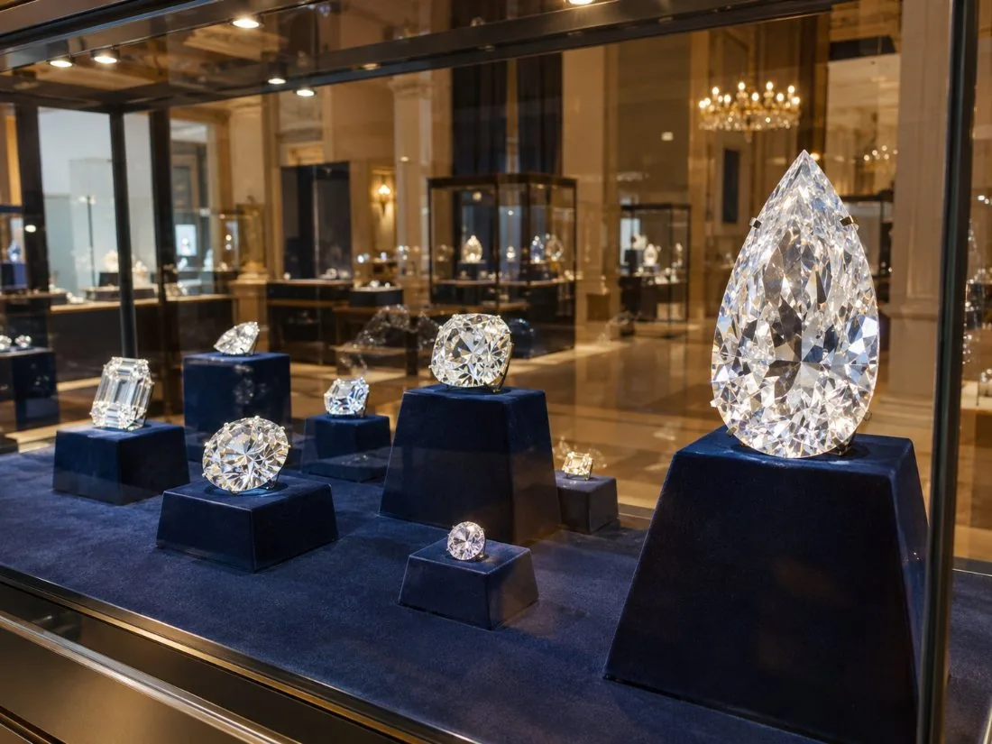 Illustration of replica cut diamonds on black stands in a glass case, with a large pear-shaped stone in front