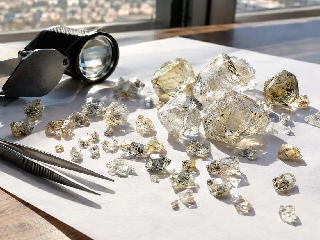 Diamanti grezzi di molte dimensioni su un foglio di selezione bianco con pinzette e una lente